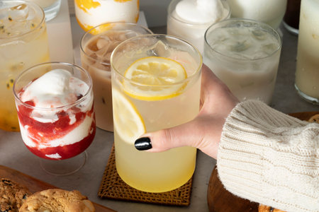 Strawberry ice cream, ice cream, lemonade, coffee, scones, blueberriesの写真素材