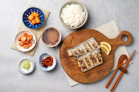 Korean food, fish dishes, grilled fish, mackerel, grilled mackerel, hairtail, side dishes, food, meal, dinner, sushi, isolated, fresh, plate, delicious, japanese, fishの写真素材