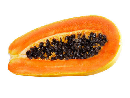 Half cut papaya fruits on white backgroundの写真素材