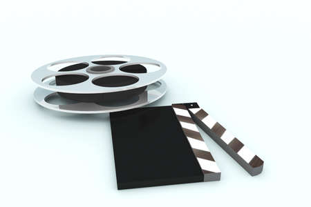3d illustration of cinema clap and film reel, over white background	の写真素材