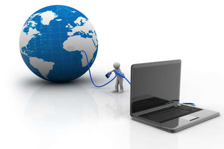3d human character person with a laptop and a Earth globe	の写真素材