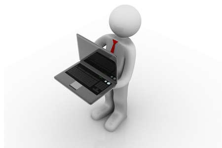 3d man holding a laptop	の写真素材