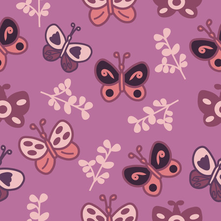 Vector repeat pattern, purple background with butterflies, flowers, and leaves. Perfect for scrapbooking, wallpaper, and home decor projects.のイラスト素材