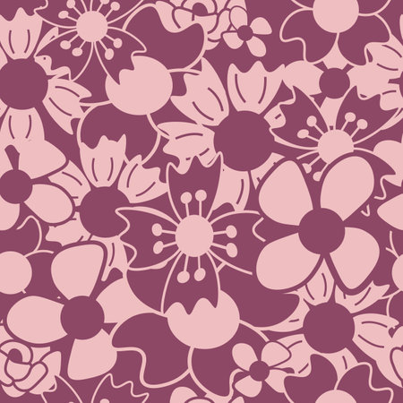Vector seamless repeat pattern, burgundy background with pink flowers.のイラスト素材