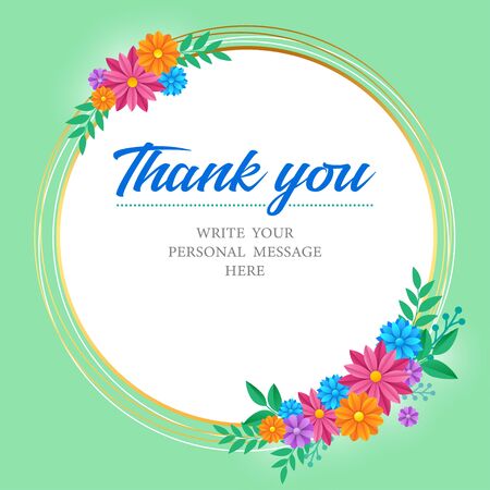 Thank you card. Bouquet of colorful flowers on a circle frame and free space to put your message. Vector illustrationのイラスト素材