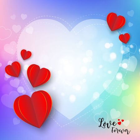 card red heart paper craft with text love forever design, heart frame and mini heart on colorful gradient abstract background, Vector illustrationのイラスト素材