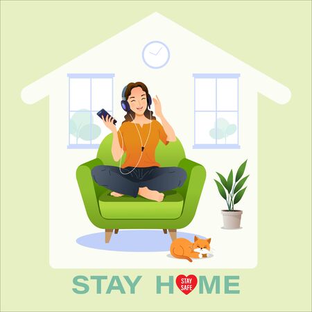 Stay home concept. Young woman relaxes on sofa with music from mobile phones at home. For safety during the surveillance of the coronavirus outbreak. Vector illustrationのイラスト素材