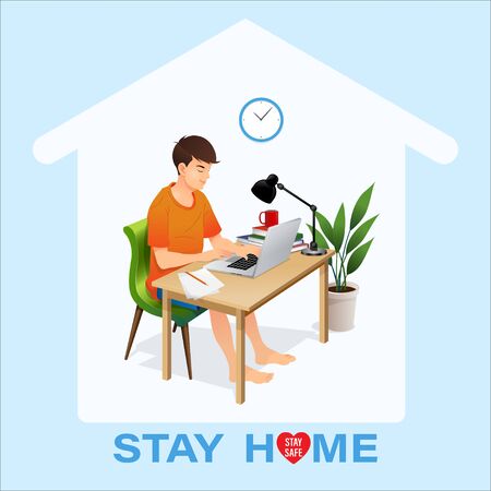 Stay home concept. Young man sitting and work with laptop on the desk at home. For safety during the surveillance of the coronavirus outbreak. Vector illustrationのイラスト素材