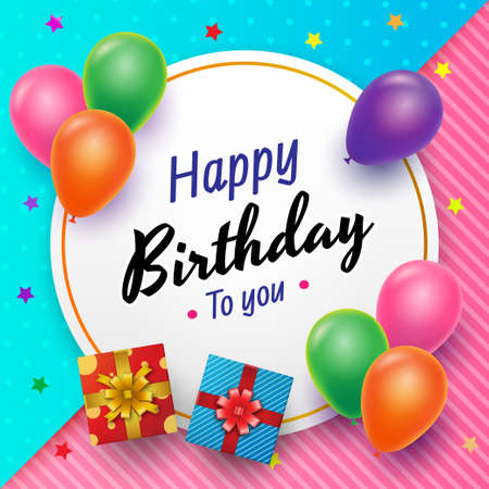 Happy Birthday celebration with typography design. Colorful balloons gift boxes and circle frame on color background. Design for card template, greeting card, poster or banner. Vector illustration.のイラスト素材