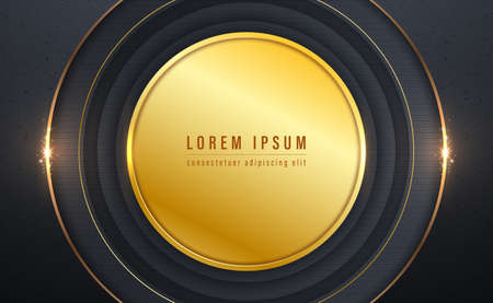 Gold radial shapes and frame, circle shape layers with horizontal lines abstract background. Vector illustrationのイラスト素材