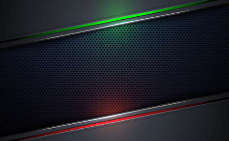 Abstract perforated black metal background with green, red light plate for your design. Vector illustrationのイラスト素材
