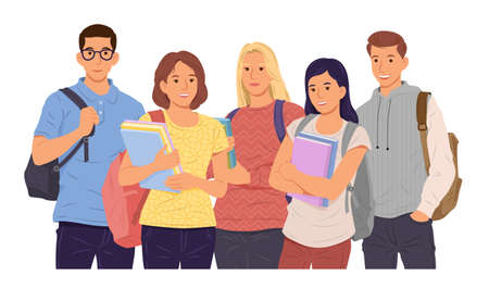 Group of young girls and boys students holding books on white background. Happy teenager in casual clothes. Vector illustrationのイラスト素材
