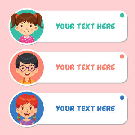 Labels with a cute happy kid. Funny cartoon character. Vector illustrationのイラスト素材