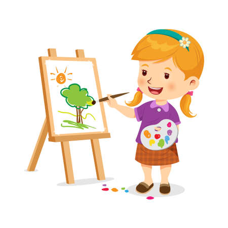 Cute little girl is happy making art. Vector illustrationのイラスト素材