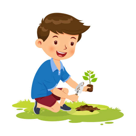 Cute boy happy planting tree. Vector illustrationのイラスト素材