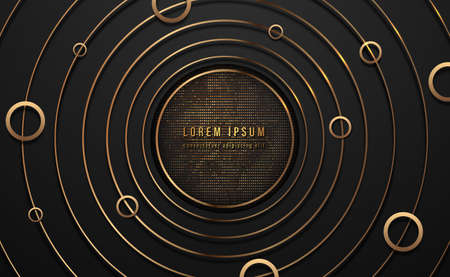 Black circle with golden circle lines, glitter golden abstract background. Design for your poster, banner. Vector illustrationのイラスト素材