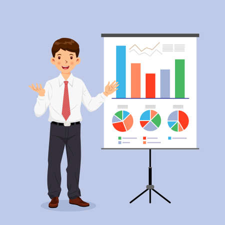 Businessman presenting marketing data on projector screen. Vector illustrationのイラスト素材
