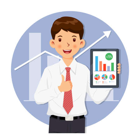 Businessman hold tablet in hand shows business result. Vector illustrationのイラスト素材