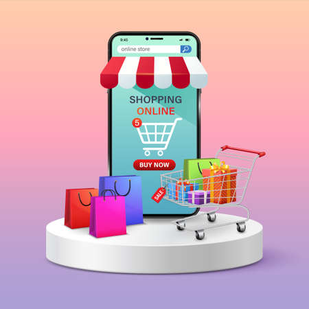 Shopping online store via mobile phone and bags, shopping cart with gift boxes standing upon on podium. Vector illustrationのイラスト素材