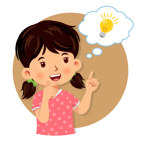 Little girl having good idea. A bubble with idea lamp sign. Isolated on white background. Vector illustrationのイラスト素材