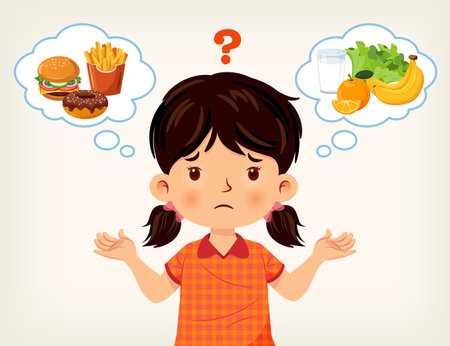 Cute girl was thinking of choosing between junk food or healthy food. Vector illustrationのイラスト素材