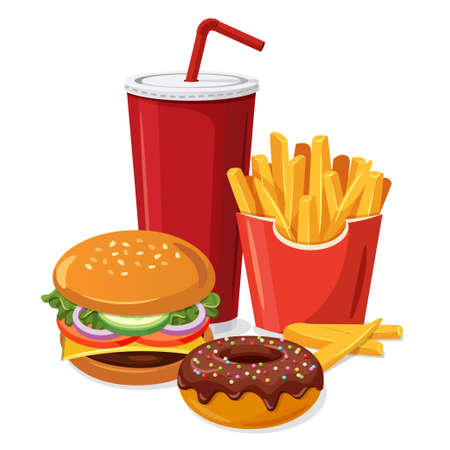Fast food meal set with classic cheese burger, grilled meat, french fries, glazed donut and soft drink cup. Vector illustration isolated on white backgroundのイラスト素材