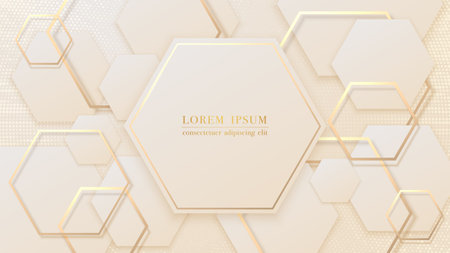 Luxury background with overlapping hexagon shape and golden line decorations. Vector illustrationのイラスト素材