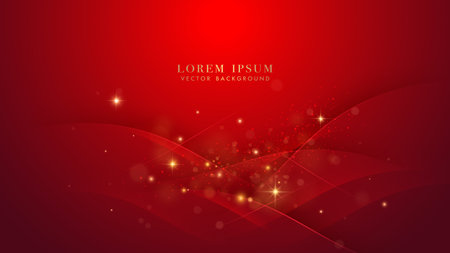 Red curve with sparkle glowing effect, shine dots, and bokeh elements on red background. Luxury style design concept. Vector illustrationのイラスト素材