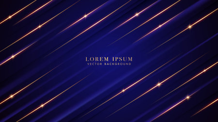 Dark blue luxury background with oblique golden lines, sparkle glow, and glitter light effect decoration. Elegant abstract vector designのイラスト素材