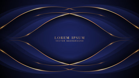 Dark blue background with golden lines and blue curve decoration. Elegant style vector designのイラスト素材