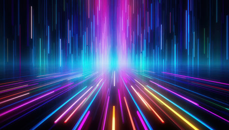 Abstract Modern neon light lines with high speed motion blur effect on dark background. Generative AIの素材