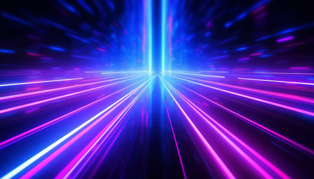 Abstract Modern neon light lines with high speed motion blur effect on dark background. Generative AIの素材