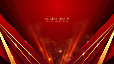 Diagonal golden line with shiny dots, glitter light effect element and bokeh decoration on red background. Luxury style vector backgroundのイラスト素材