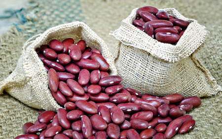 Dried red beans in the gunny bagの写真素材