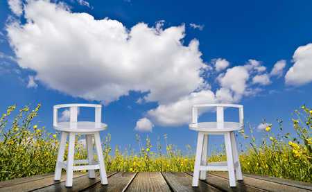White chairs in the garden and nice blue sky.の写真素材