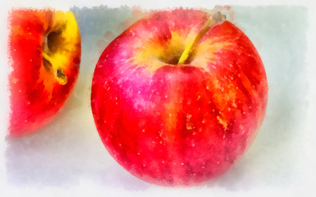 Red apples in closeup view,water color design background.の写真素材