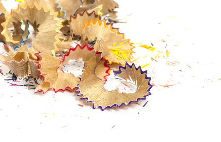Colorful of pencil shavings on white background.の写真素材