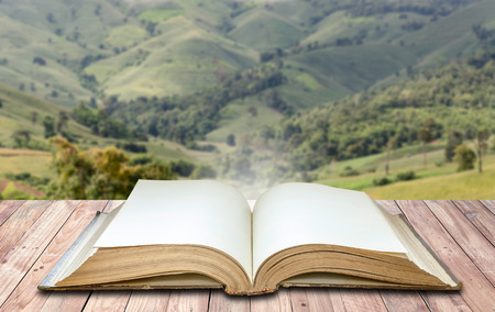 Open book with blank page put on wooden floor in the nature background.の写真素材