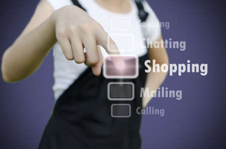 Girl pressing digital button on touch screen interface