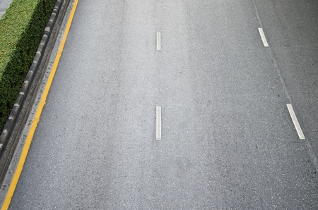 Asphalt road with white lines and green plant border