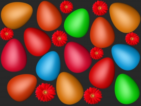 motley Easter eggs on a black background with flowersの写真素材