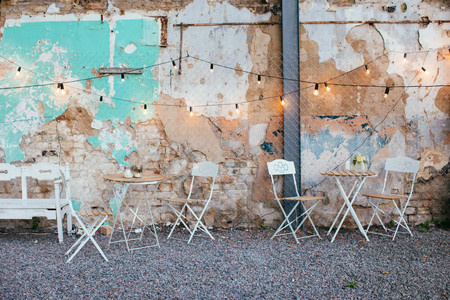 Wedding and party place decoration with lamps and garlandsの写真素材