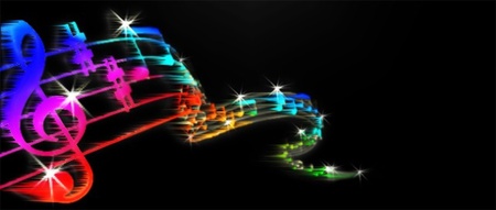 Brightly colorful, abstract,l music score with treble clef, key signatur  and notes  Vibrant colors on black background の写真素材