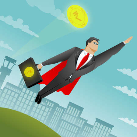 Businessman flying as a superman with money in his bagのイラスト素材