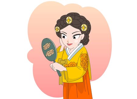 A palace lady who manages her beauty while looking in the mirror.のイラスト素材