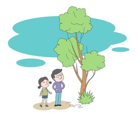 Illustration of dad and daughter looking up at a big tree.のイラスト素材