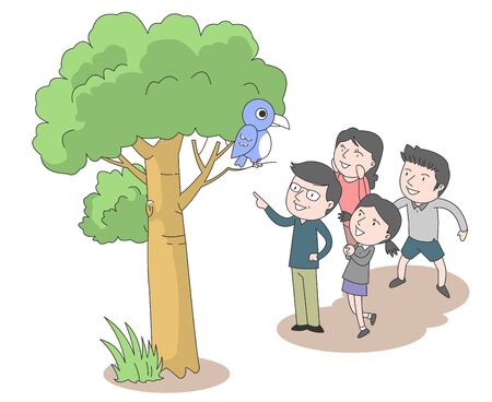 Dad, mom, son, daughter and family gather together to watch the bluebird sitting on the tree.のイラスト素材