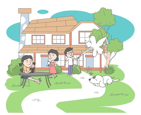 In the garden Dad watering the trees, Daughter reading, Mom who brings water,Peaceful family illustration.のイラスト素材