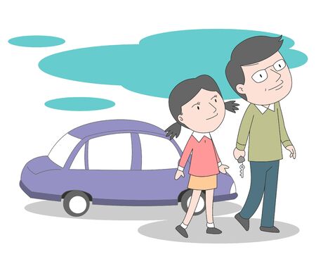 Illustration of dad and daughter walking out of car.のイラスト素材