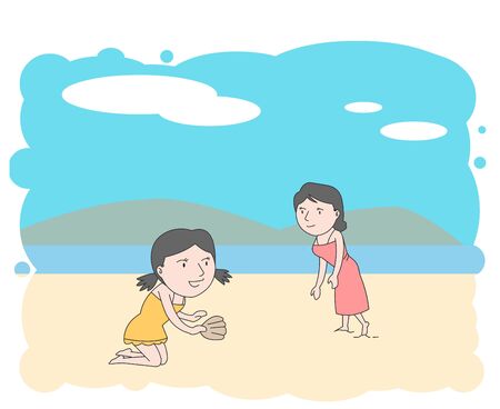 An illustration of a mother and daughter enjoying peace in search of shells on the sandy beach.のイラスト素材